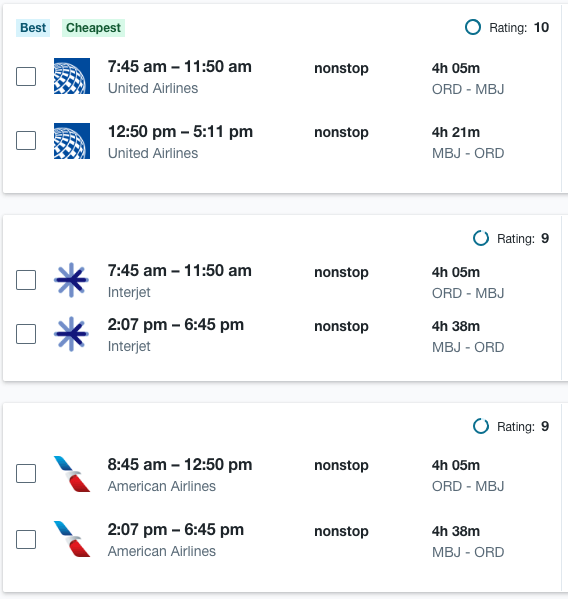 Just a few of the nonstop flights from Chicago O'Hare to Montego Bay, Jamaica. (Image courtesy of Kayak.com)