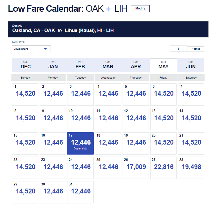 Southwest May low fare calendar