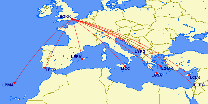 Map showing WizzAir Growth from Gatwick