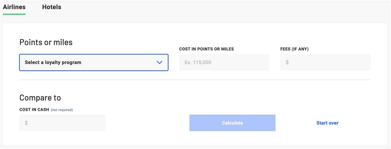 Landing page of the points and miles calculator