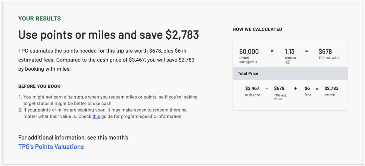 Sample use of the points and miles calculator