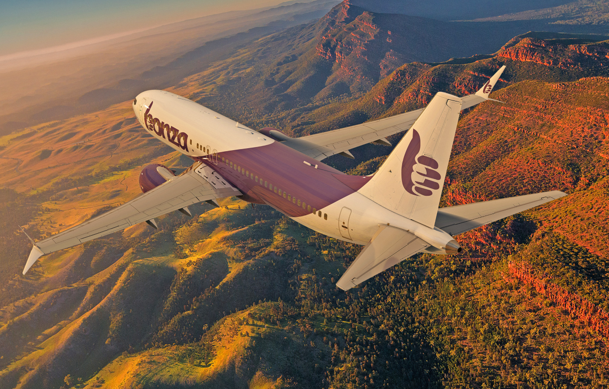 Bonza 737 Max flying over Australian terrain 