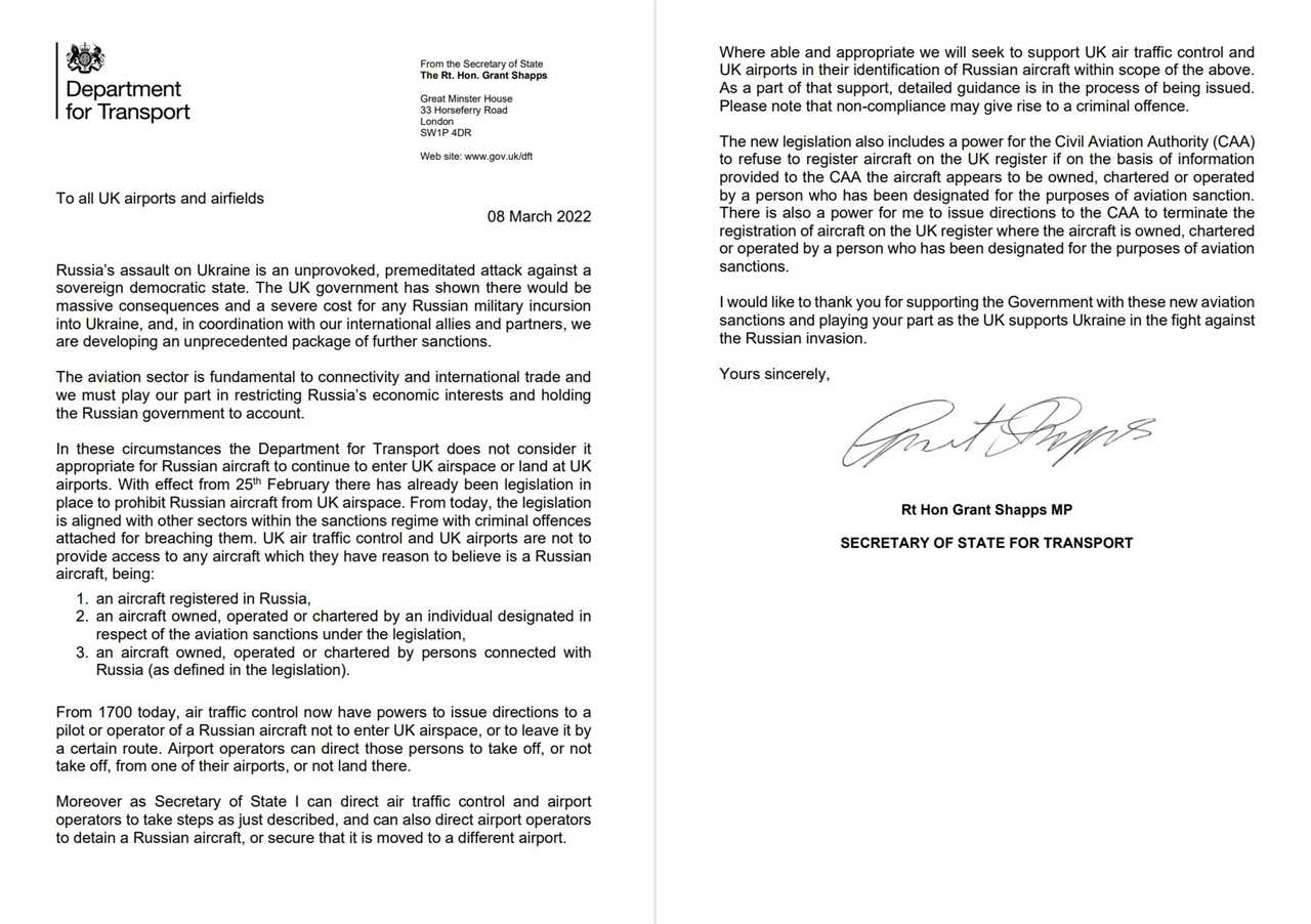 Transport Secretary, Grant Shapp's letter addressed to all UK airports and airfields.