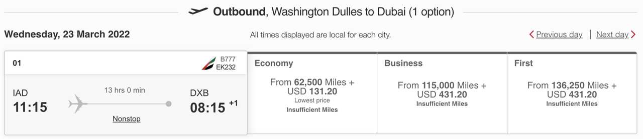 Emirates award rates