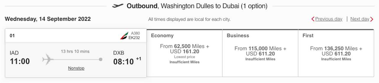 Screenshot of new award pricing on Emirates Skywards flying IAD-DXB