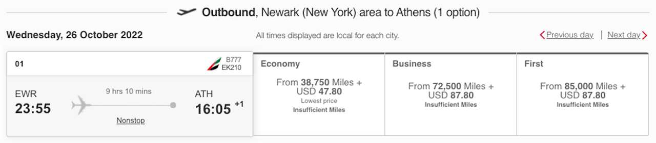 Screenshot shows award pricing plus fees for Emirates flight EWR-ATH