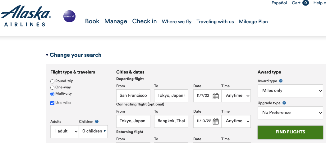 Creating a multi-city search on the Alaska Airlines website