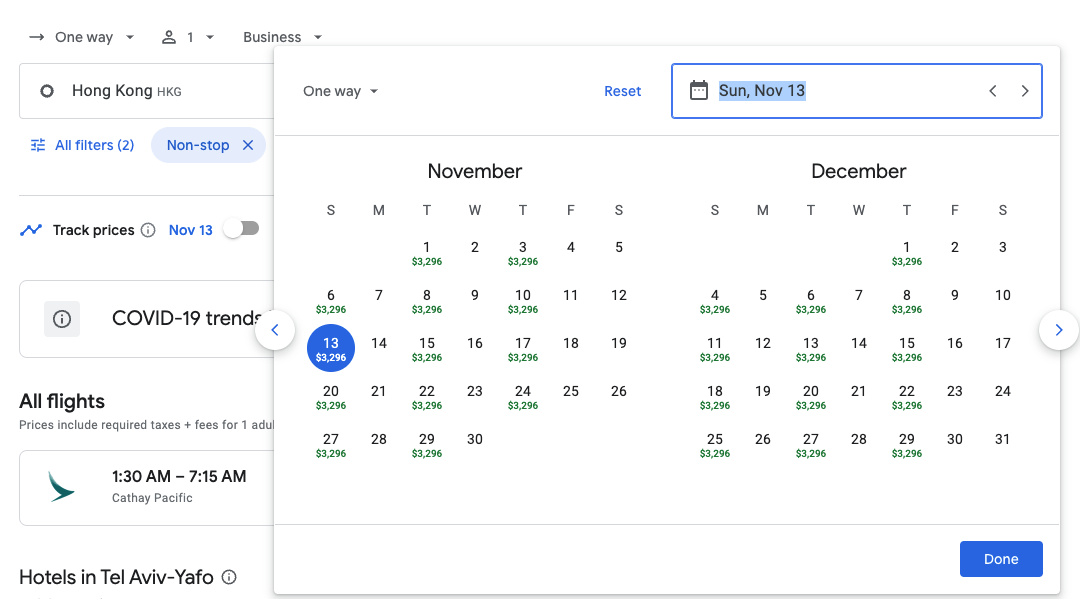 Google Flights search HKG to TLV