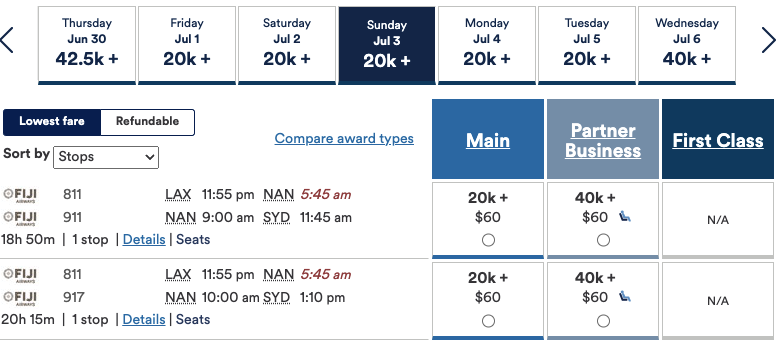 Fiji Airways awards on the Alaska Airlines website