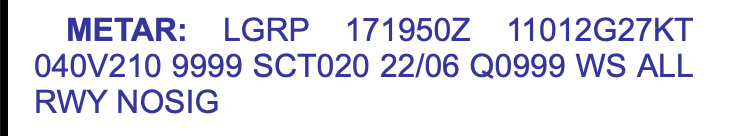 METAR Information from RHO show high winds