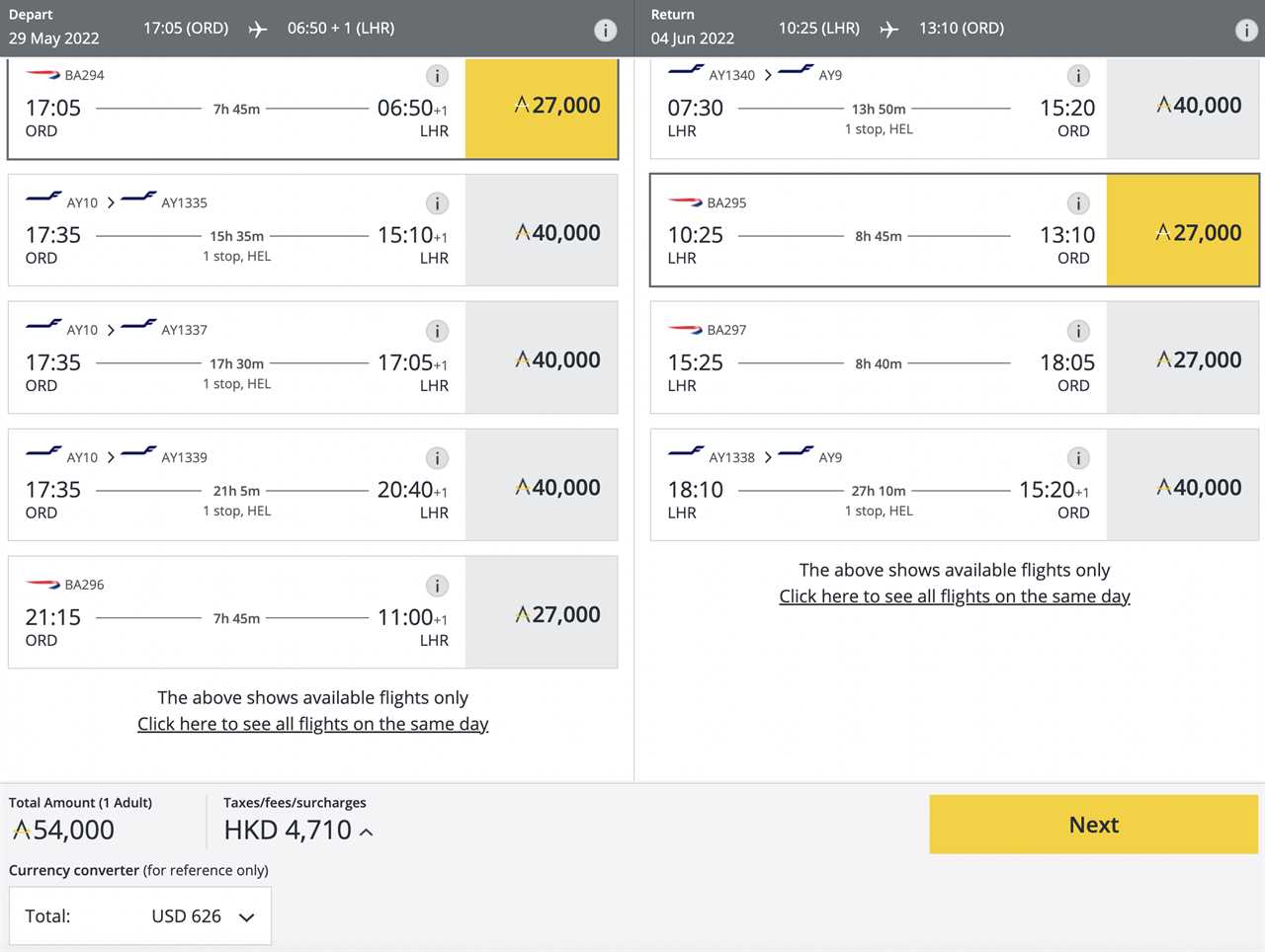 Booking a flight from ORD to LHR