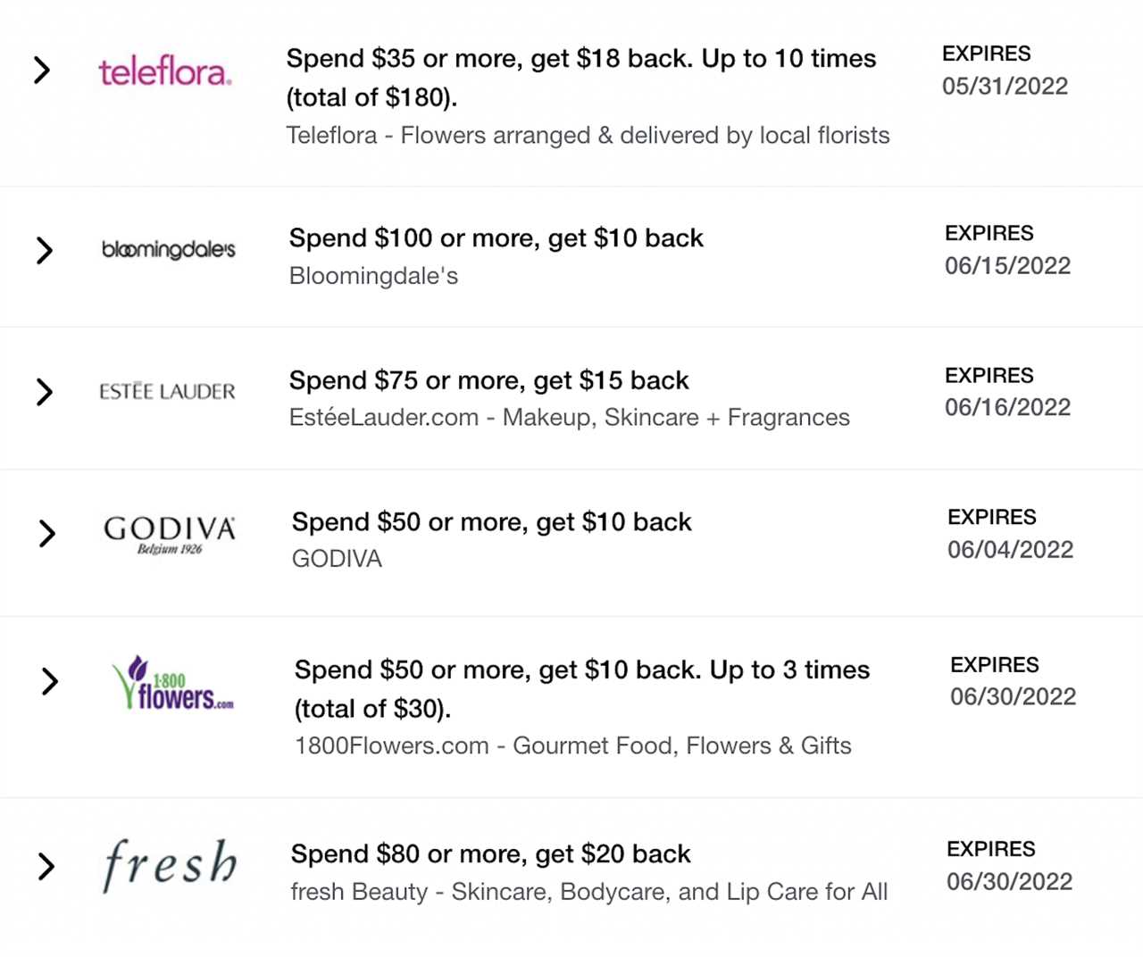 screenshot shows Amex Offers for shopping, flowers, chocolates and make up brands during Mother's Day 2022