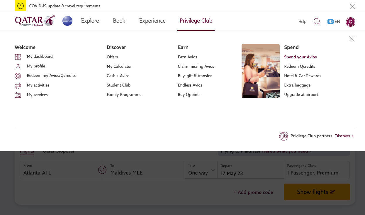 Qatar Airways website navigation bar