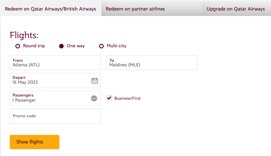 Entering flight info on Qatar Airways website