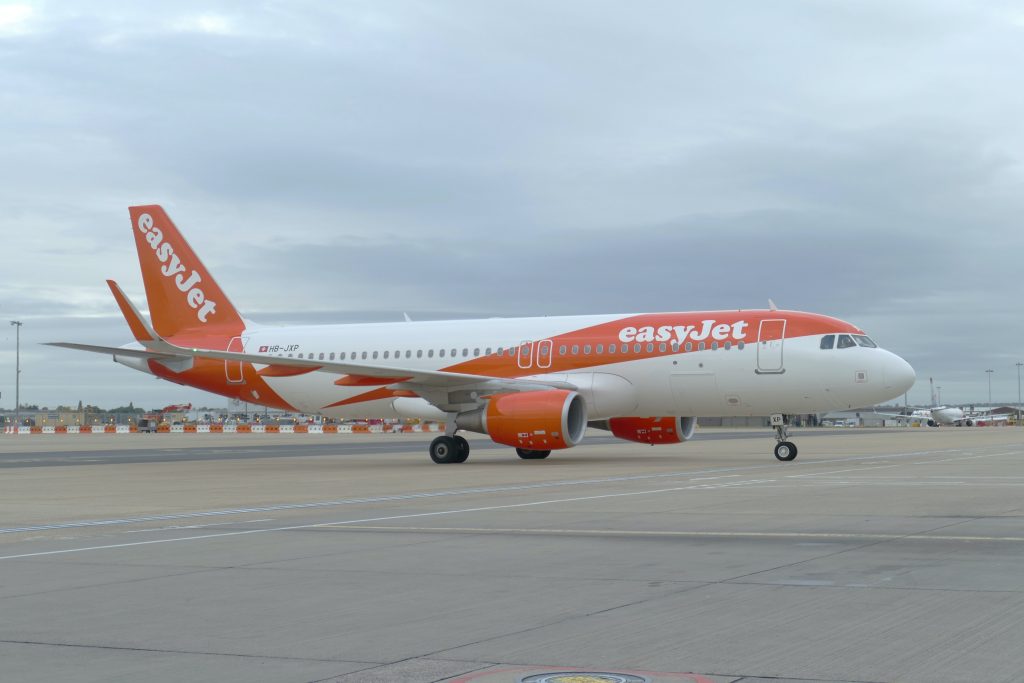 Image of an easyjet aircraft landing on the runway