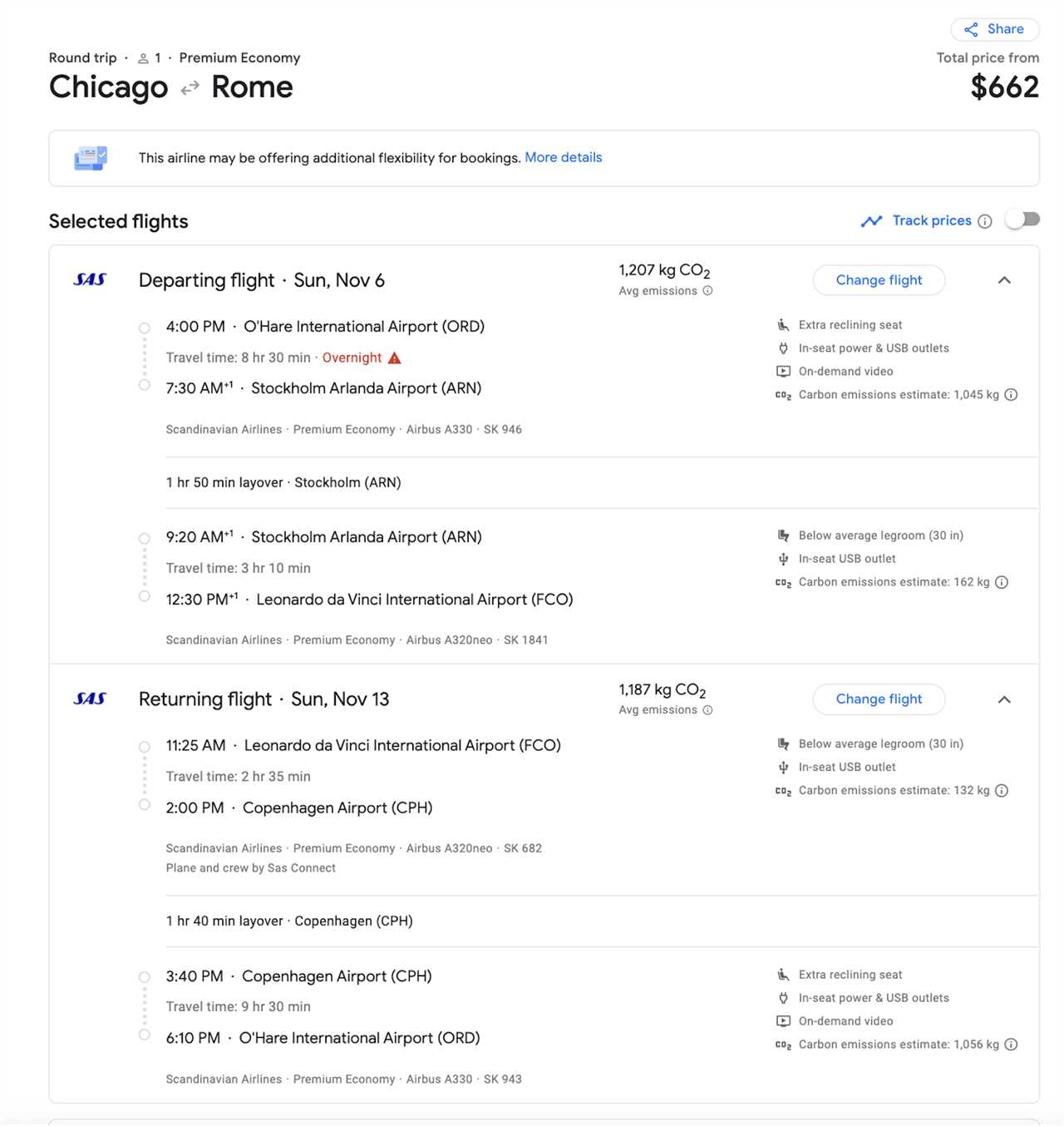 ORD to FCO booking screenshot