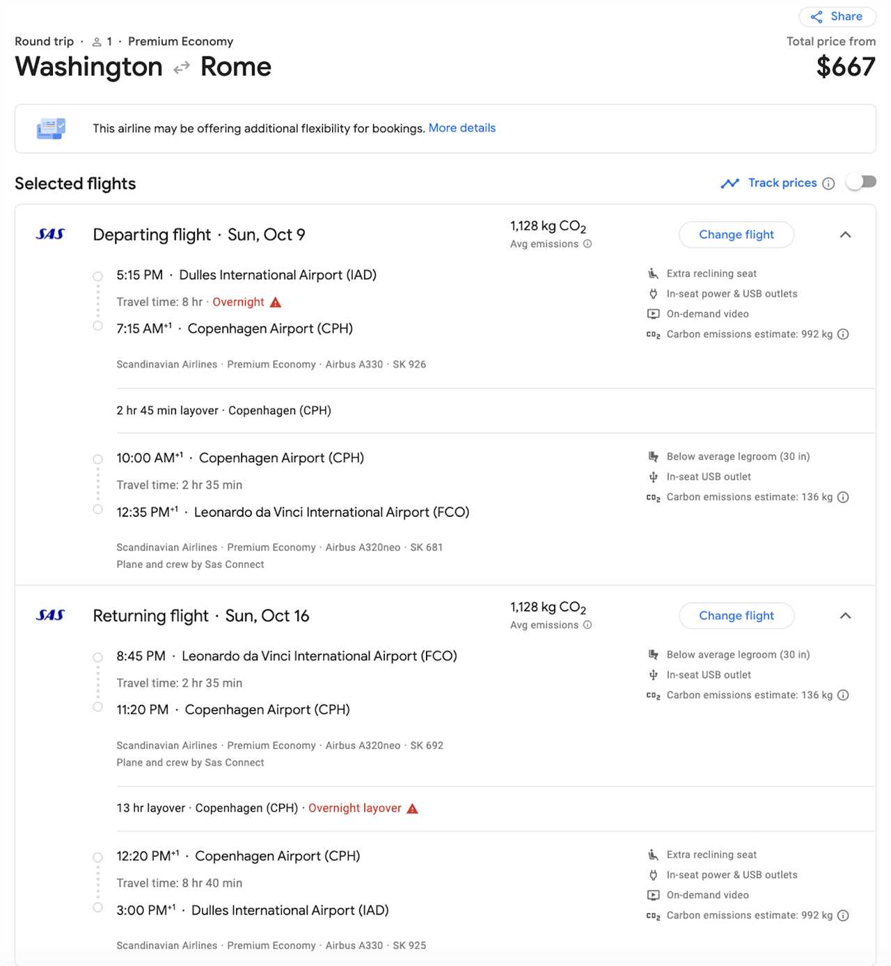 IAD to FCO booking screenshot