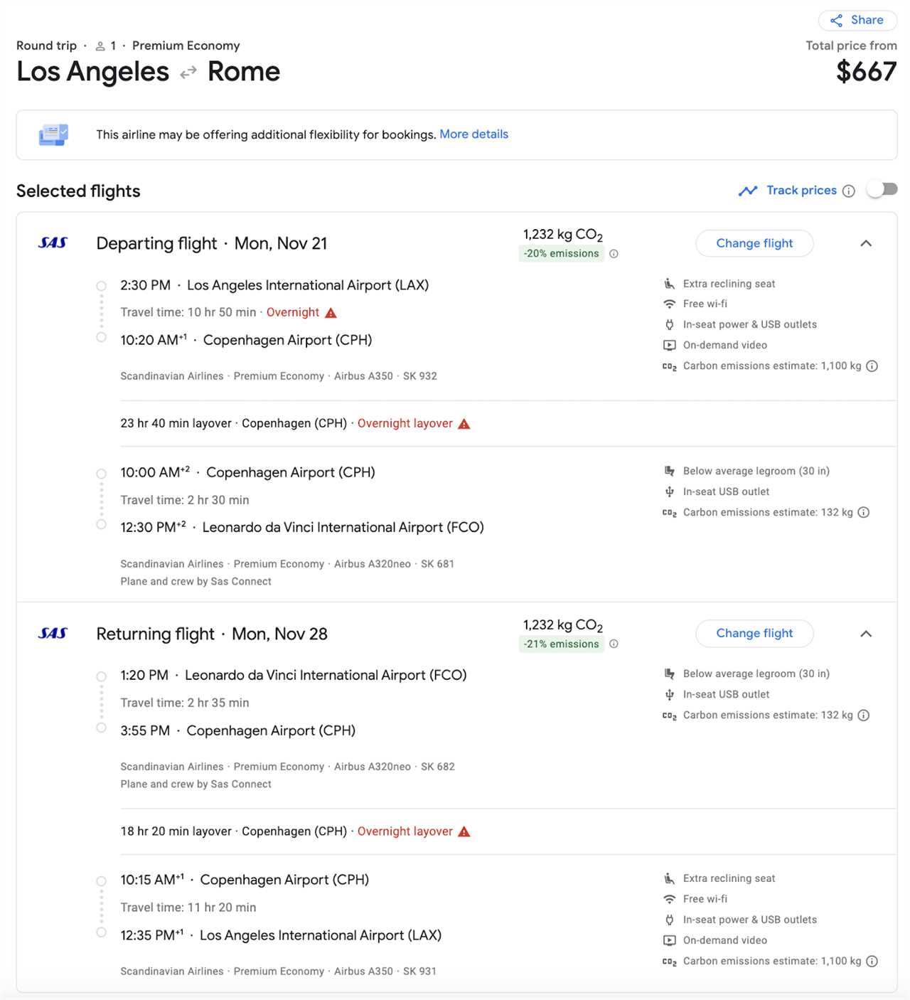 LAX to FCO booking screenshot