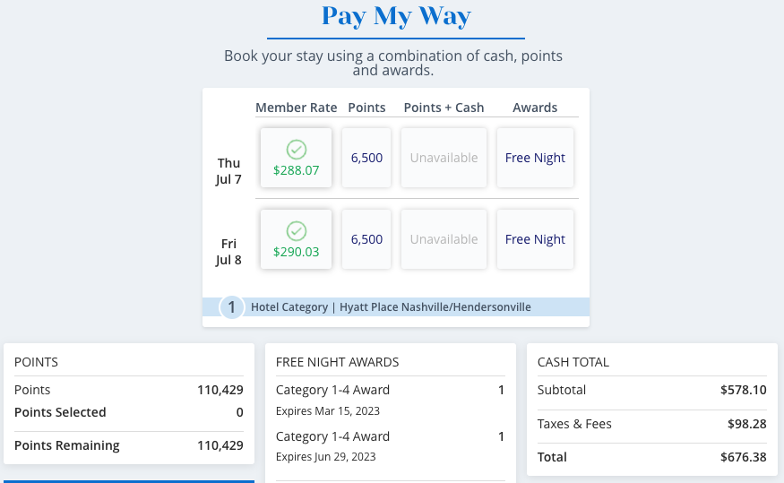 Hyatt Place Nashville points vs cash price