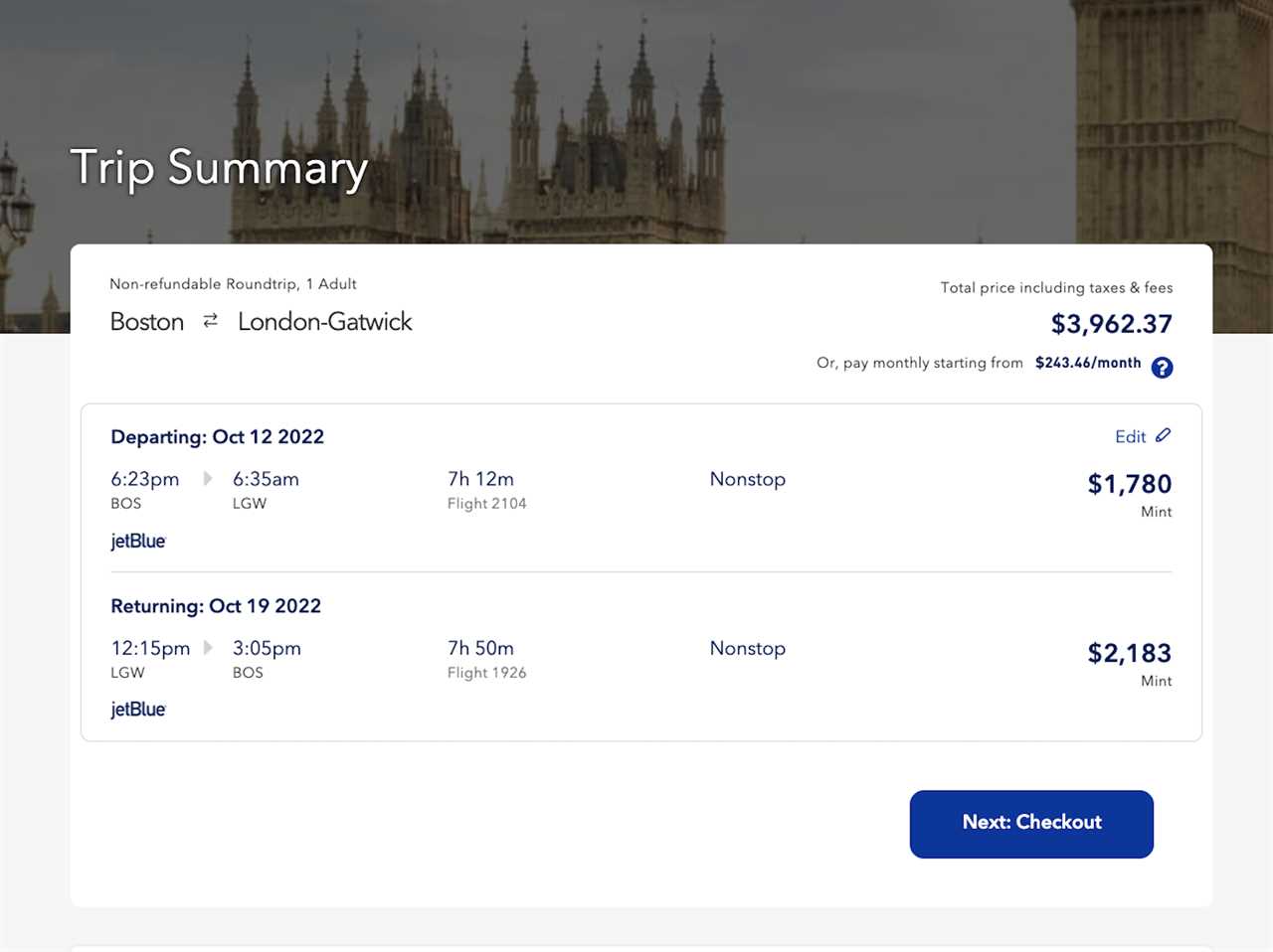 jetblue booking screenshot