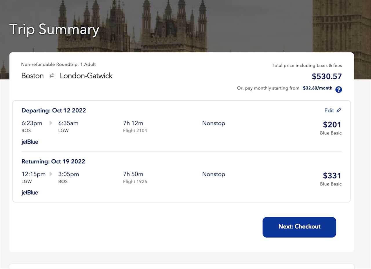 jetblue booking screenshot