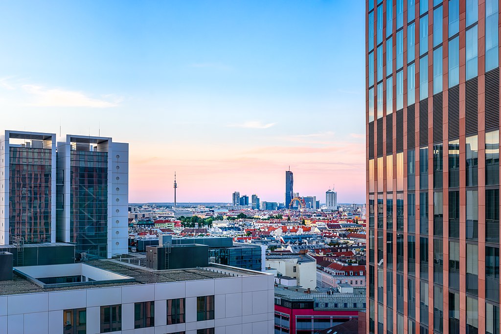 View of Vienna skyline from City Tower. Flights from Vienna to Dammam available as Wizz Airlines expands. 