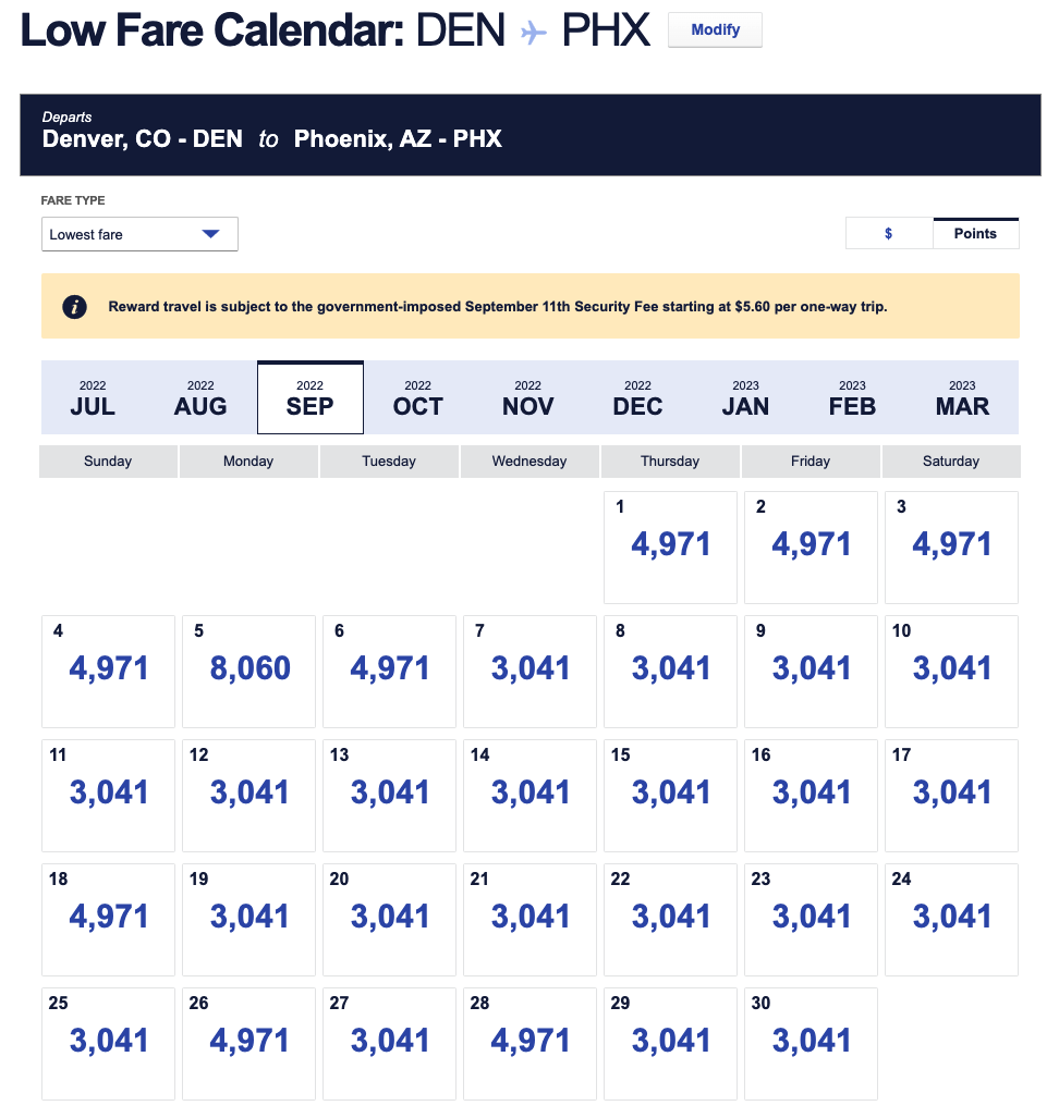 Denver to Phoenix Southwest award calendar