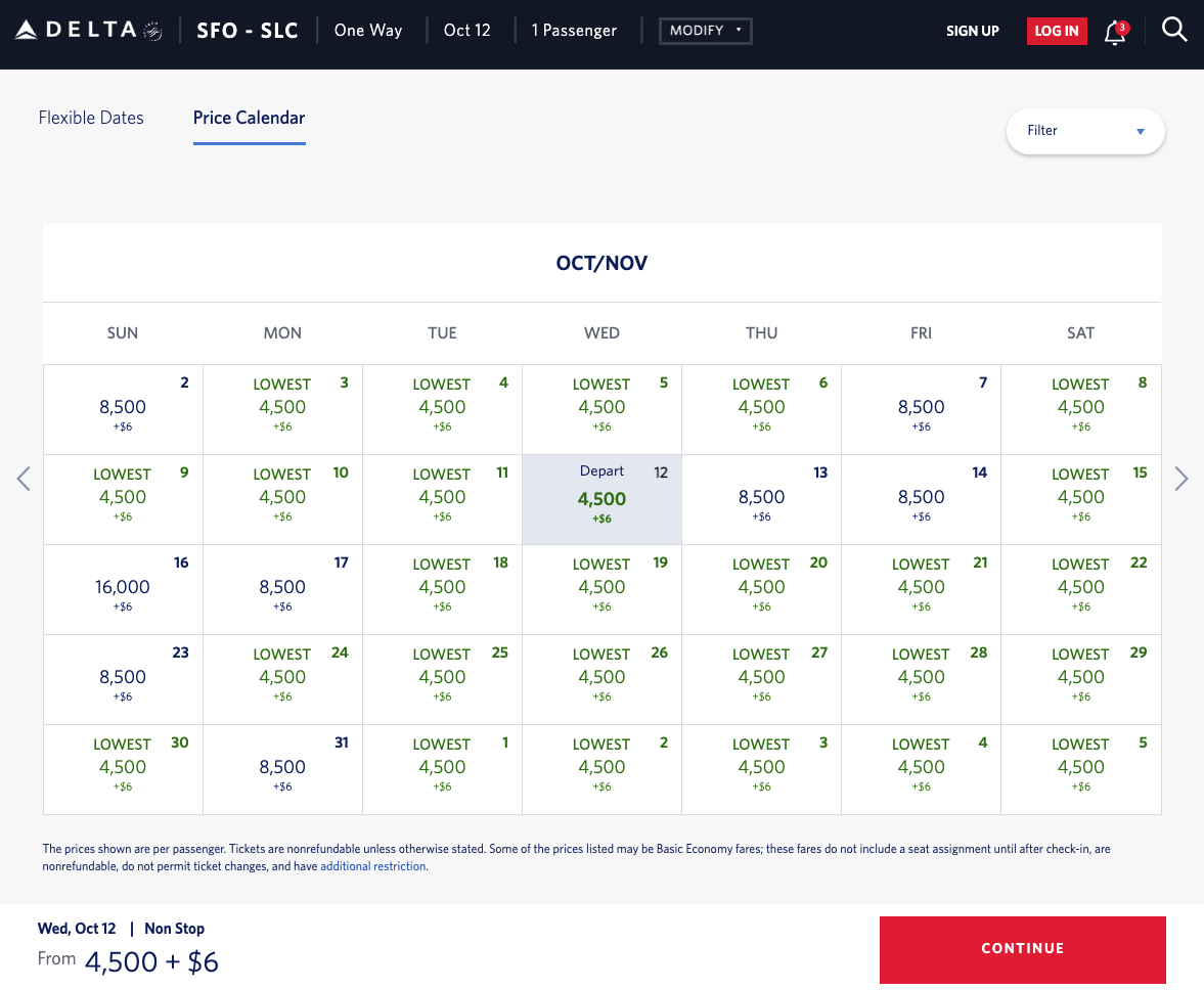 SFO to SLC Delta award calendar