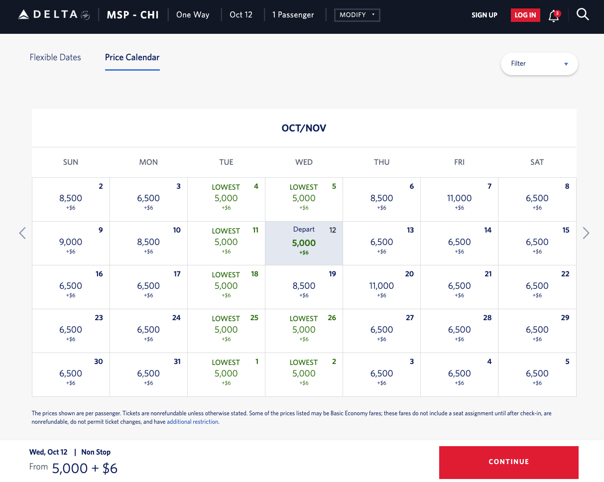 MSP to CHI award pricing calendar on Delta's website