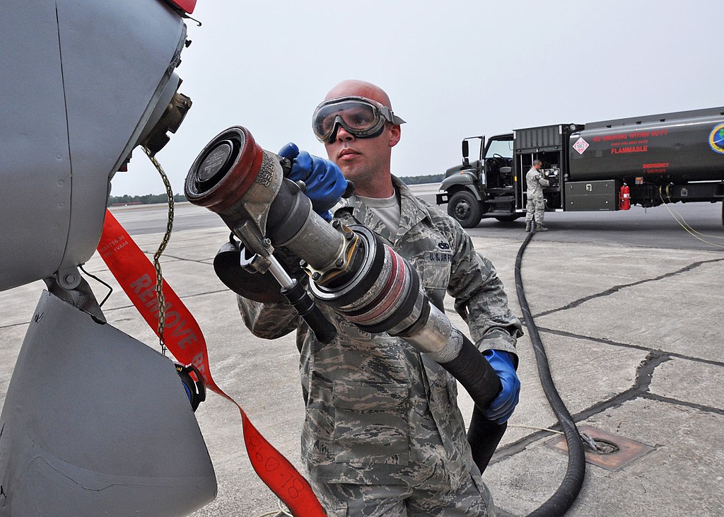 Staff Sergeant Rusty Jones prepares to fuel an A-10C Thunderbolt II with a biomass-derived jet fuel blend.