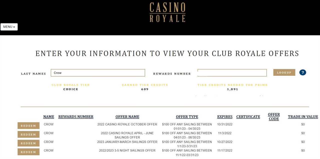 Screenshot of cruise casino offers