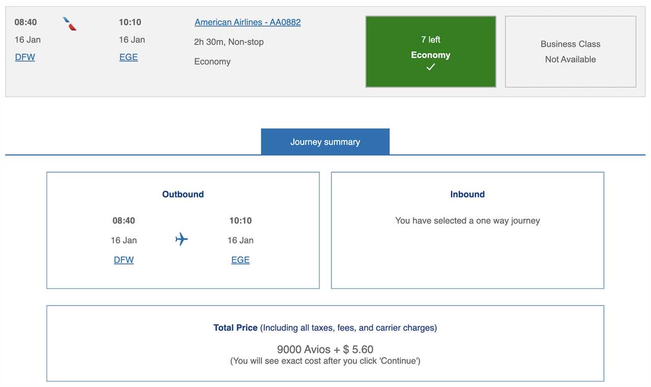 Pricing for a flight using Avios and flying on American Airlines