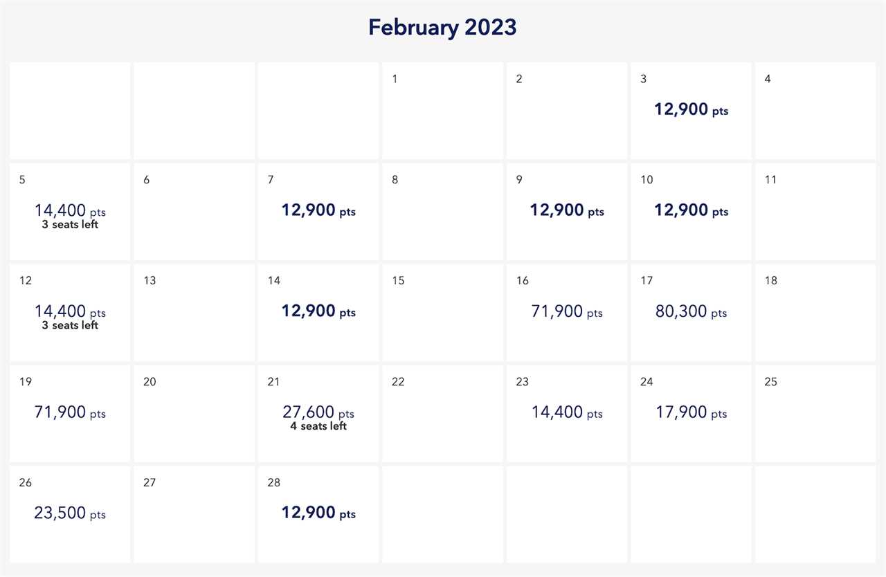 calendar search showing points pricing on JetBlue flights