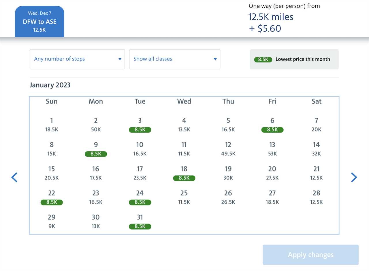 calendar of lowest fares to Aspen from Dallas-Fort Worth using miles