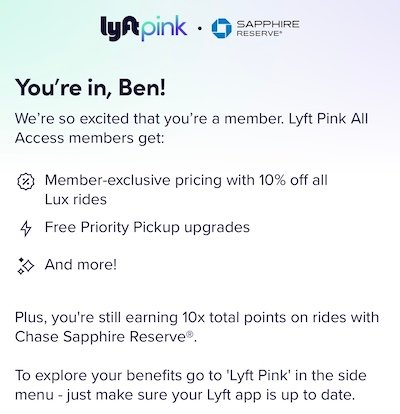 Chase Sapphire Reserve Adds Lyft Pink All Access Membership