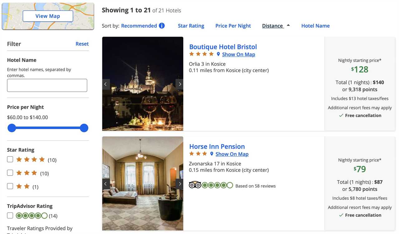 Hotel search results in the Chase Travel Portal