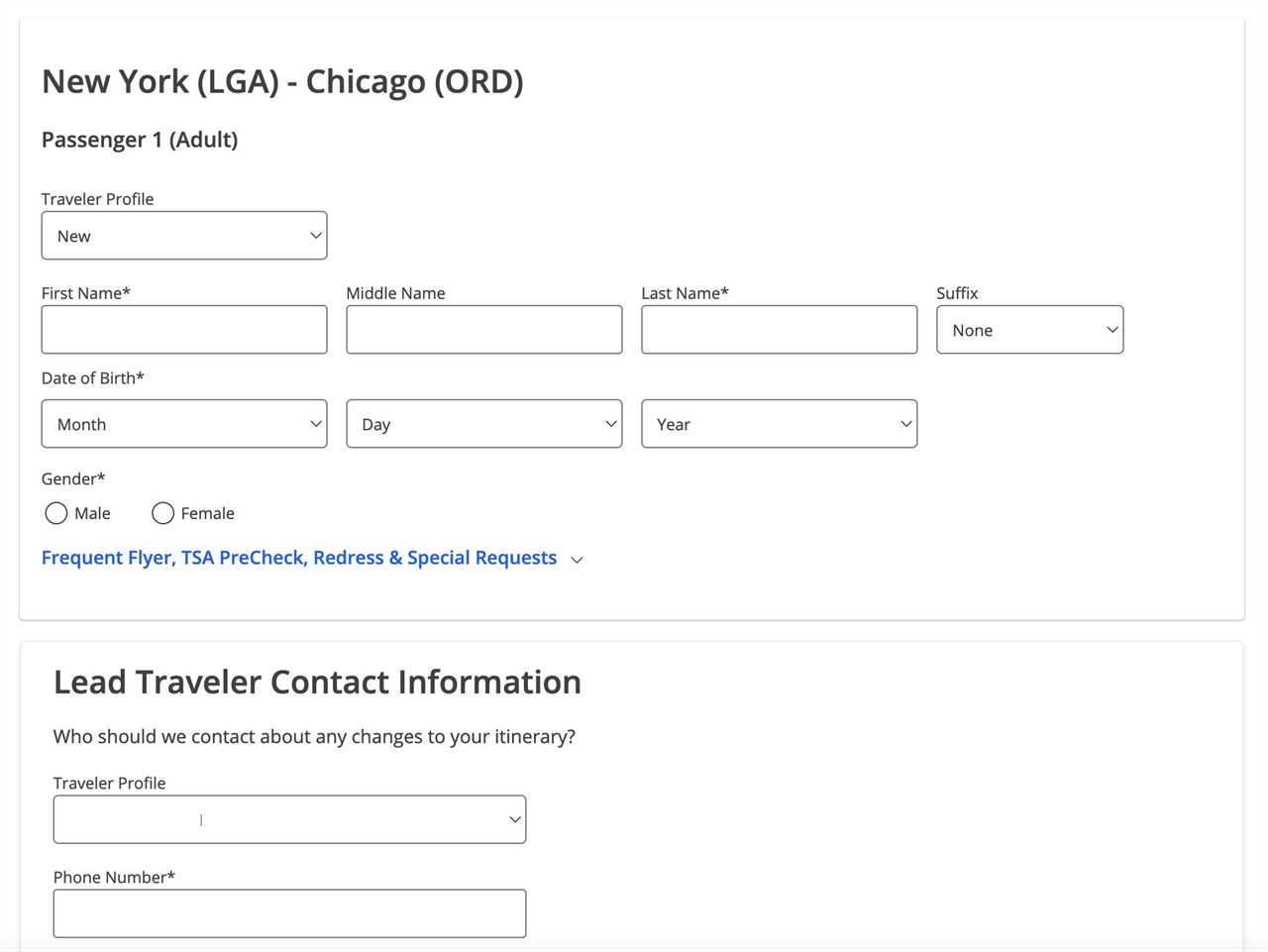 Entering passenger information on the Chase portal