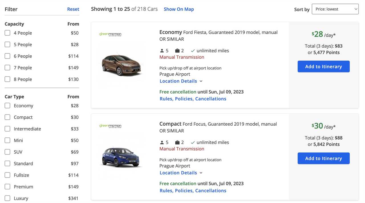 Rental cars in the Chase travel portal