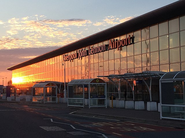 Liverpool John Lennon airport in the sunset.