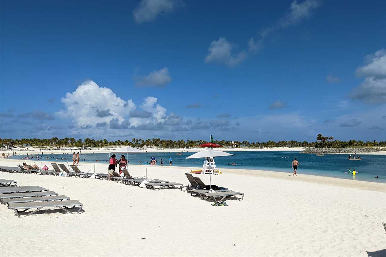 White sand beach with lounge chairs on MSC Cruises' Ocean Cay