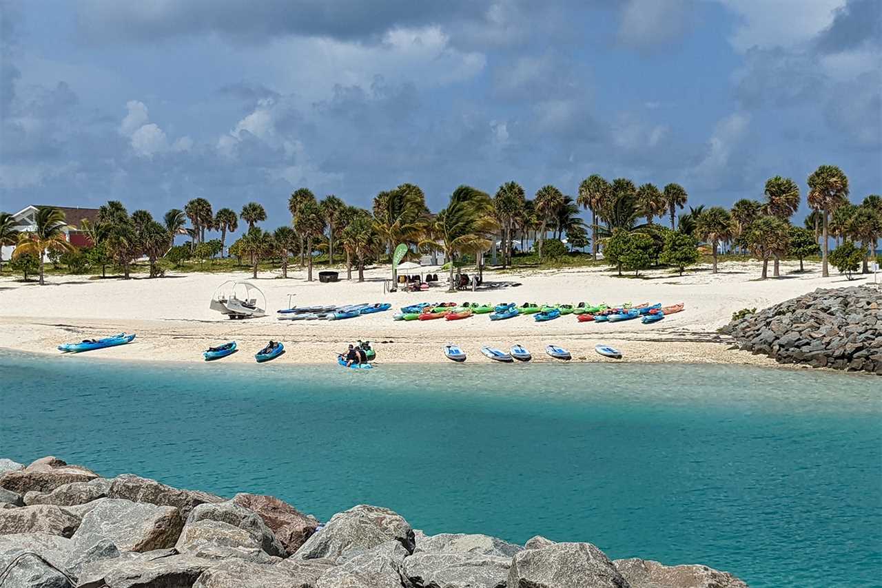 Kayaks lined up on Ocean Cay beach