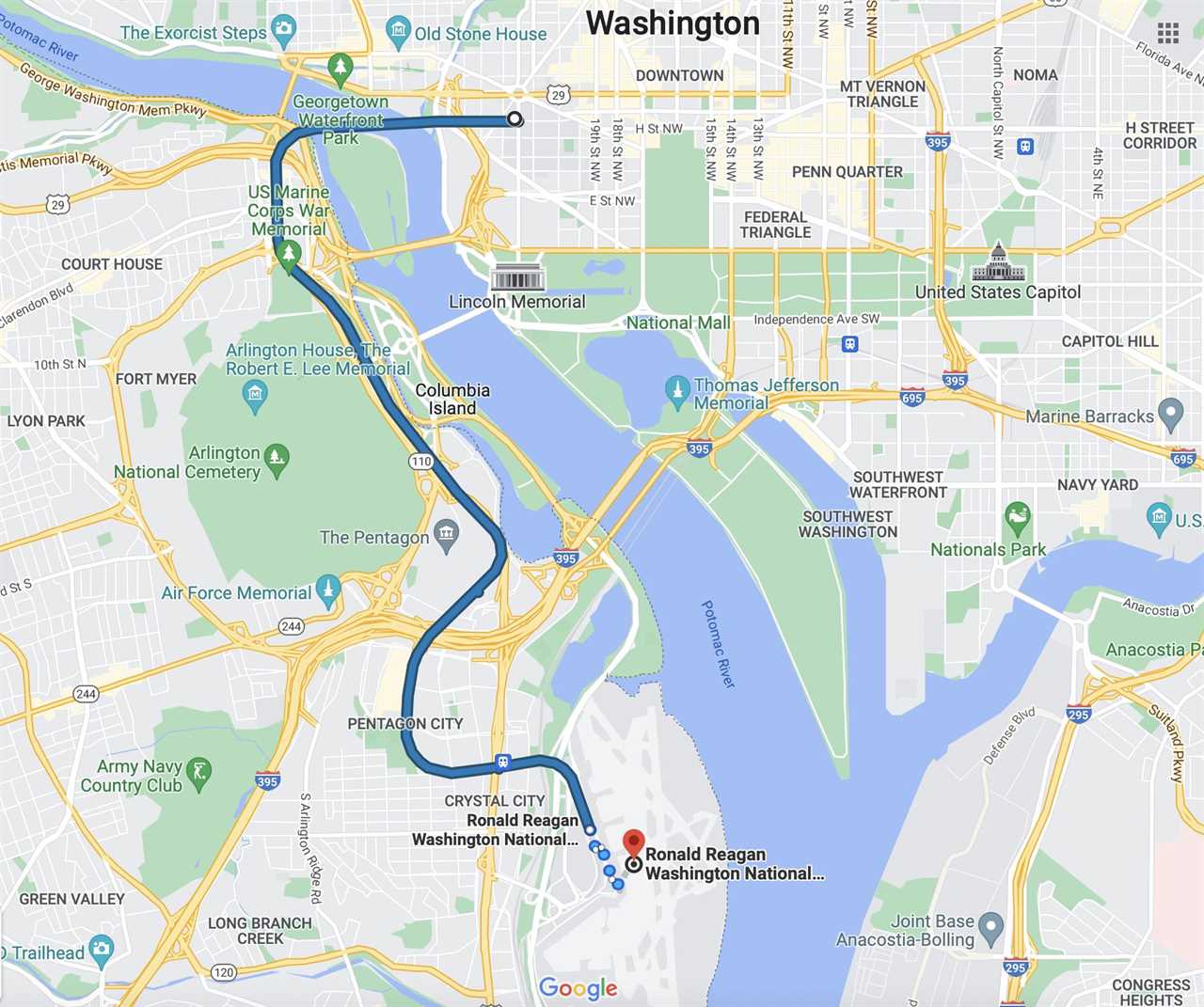 Google Maps from DCA to downtown DC