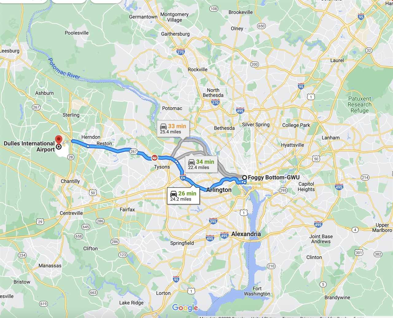 IAD to downtown DC in Google Maps