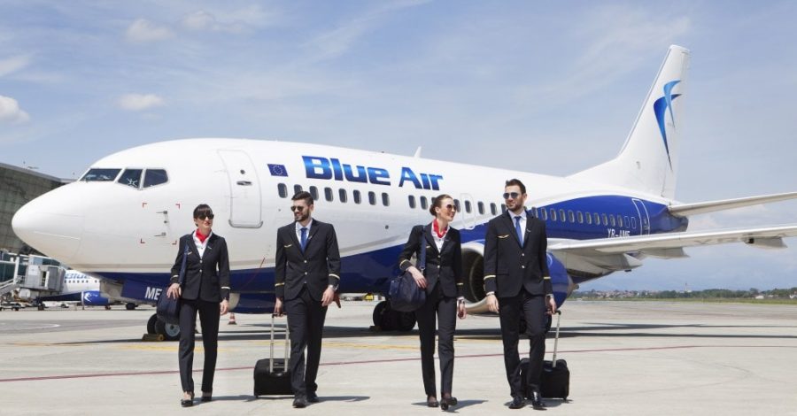 Blue Air crew in front of aircraft after landing