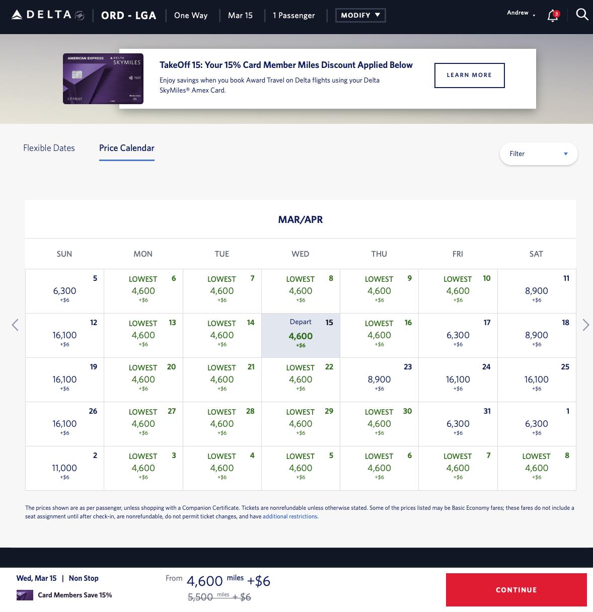 Delta award calendar with TakeOff 15 discounts