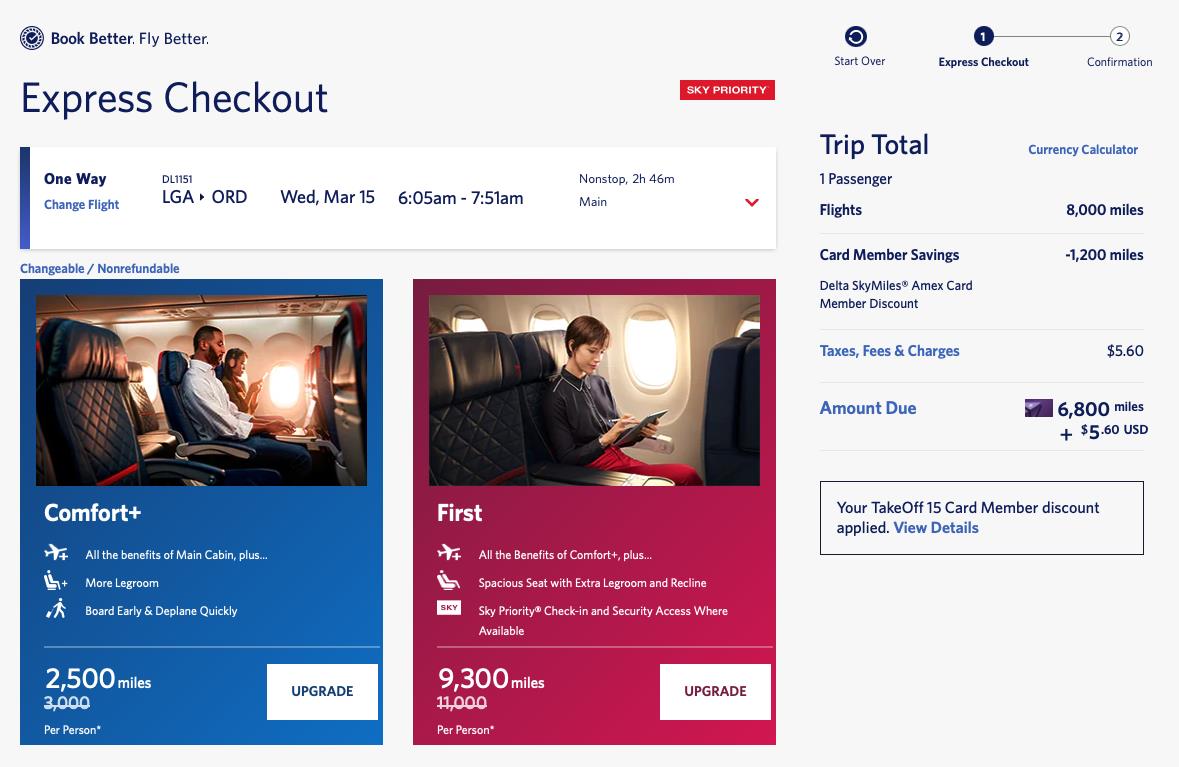 Delta check-out screen with TakeOff 15 discount applied