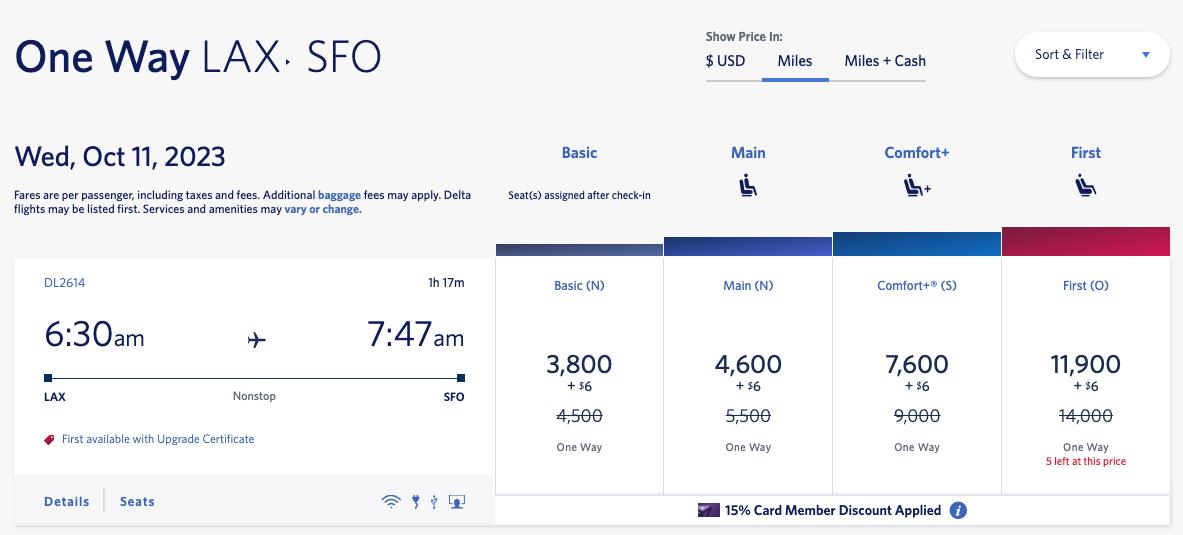 LAX to SFO SkyMiles award flight prices