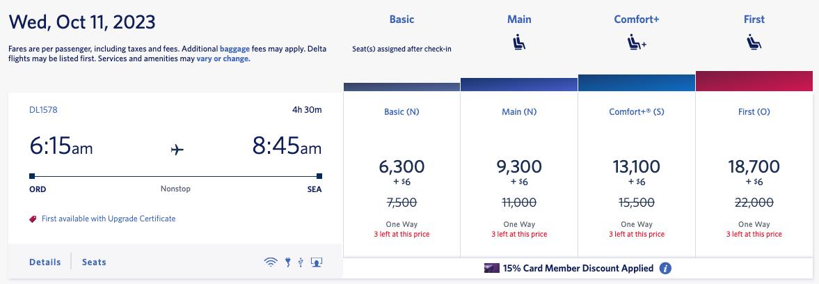 ORD to SEA Delta award ticket prices