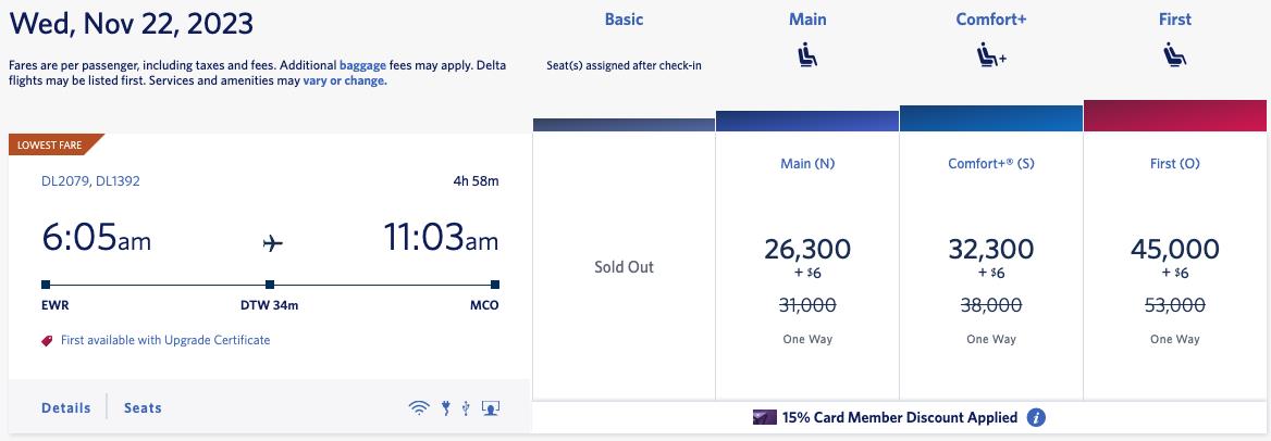 NYC to MCO Delta award ticket prices