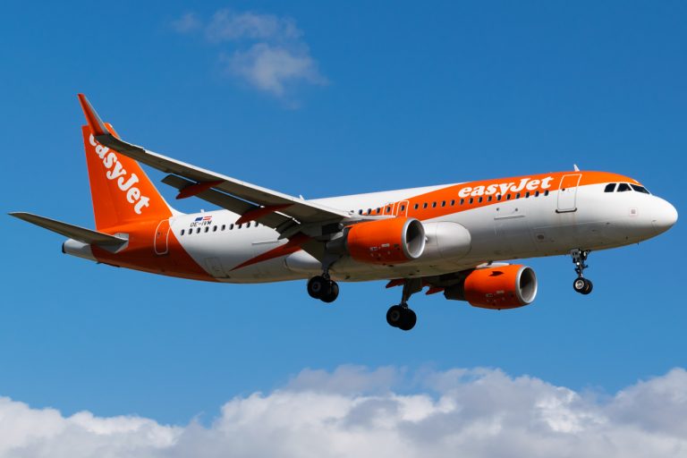 easyjet plane in air with landing gear out.
